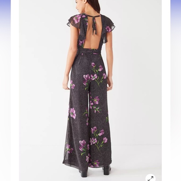 Urban Outfitters Gratilda Ruffle Black Purple Floral  Print backless Jumpsuit 2 - Picture 3 of 16